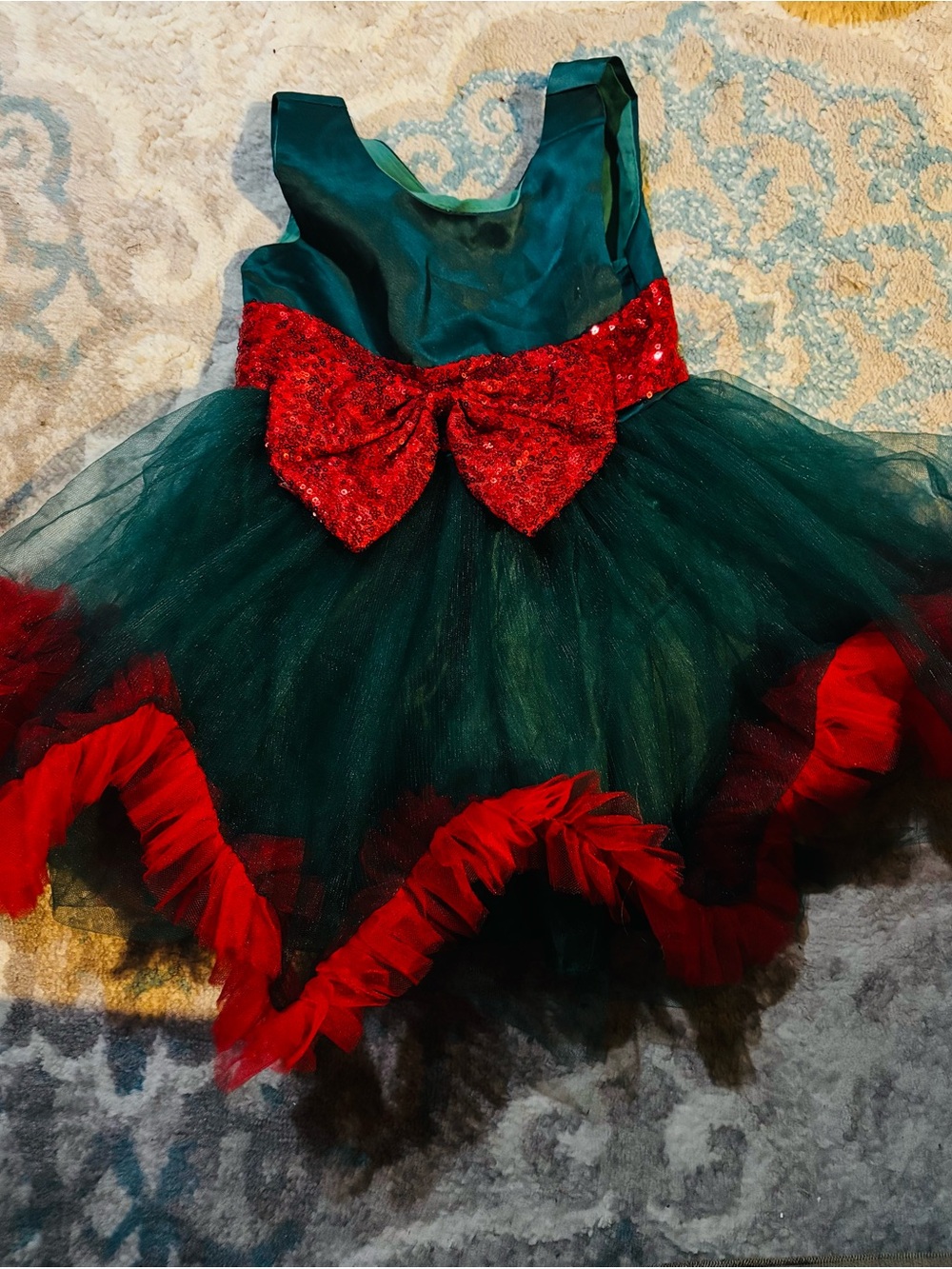 Sparkling Green & Red Tulle Holiday Dress for Girls